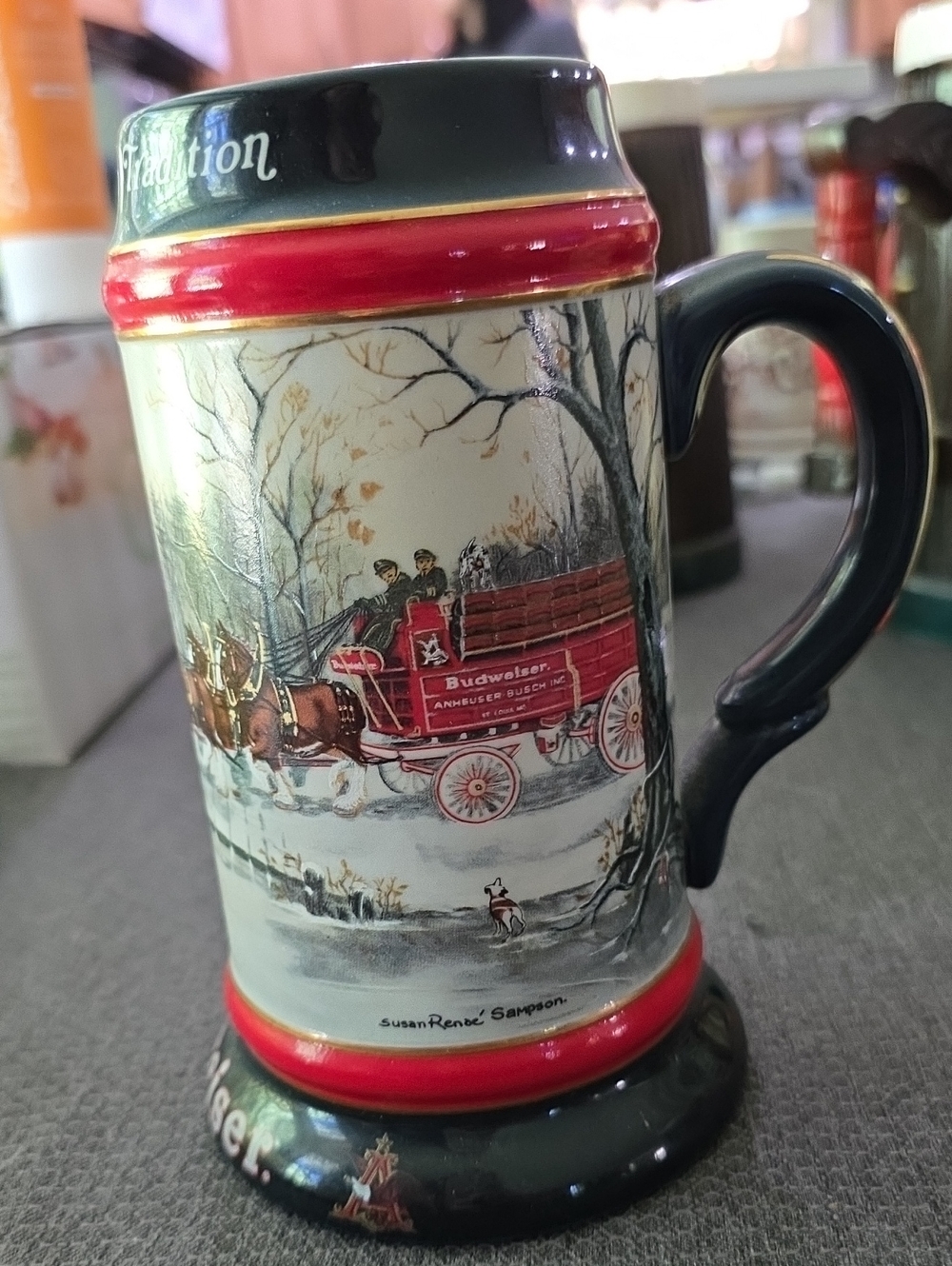 Budweiser Red & Dark Blue Ceramic Stein with Wagon Scene